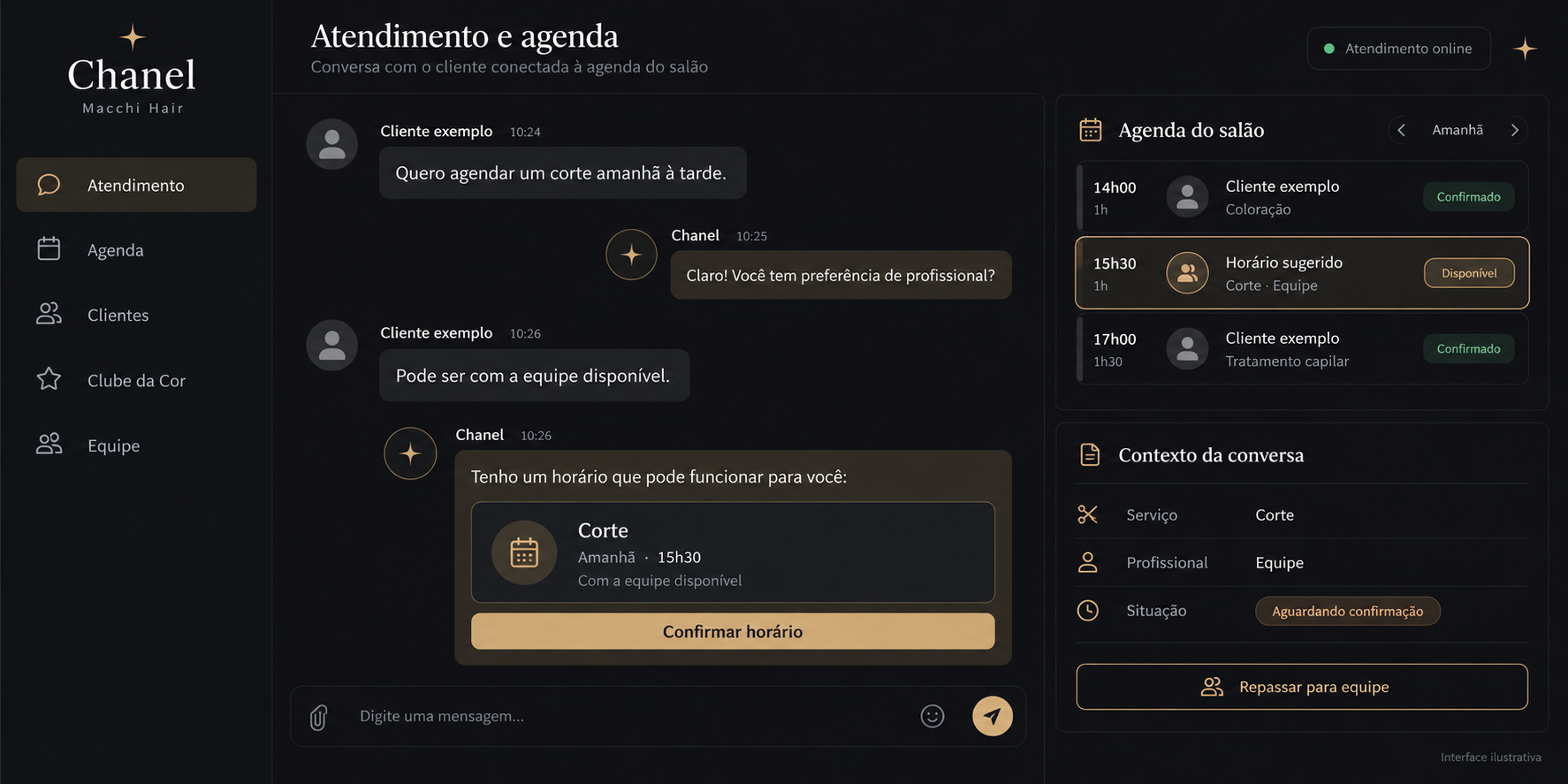 Interface ilustrativa de Chanel — Atendimento e agenda no computador