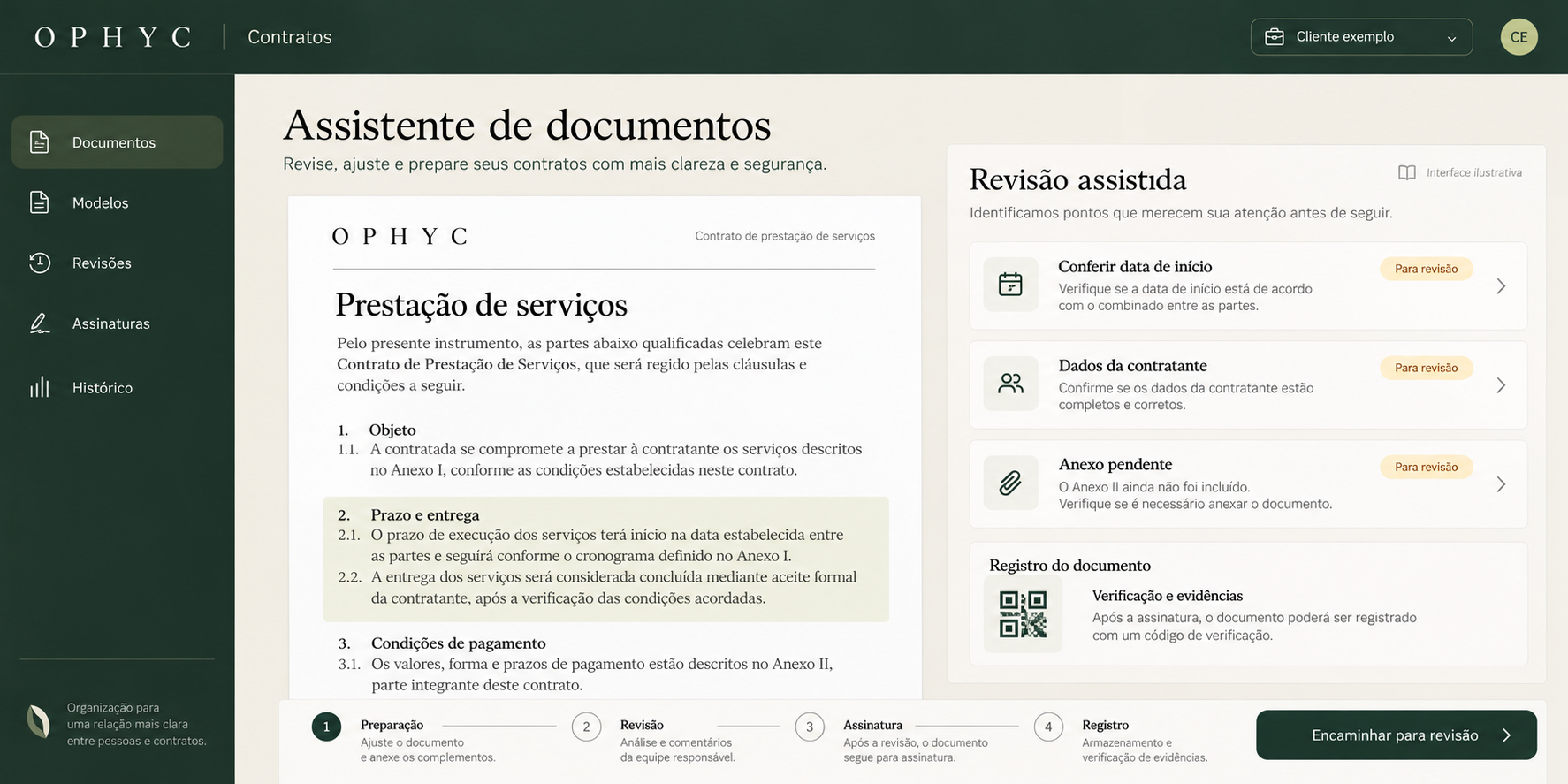 Interface ilustrativa de OPHYC Contratos — Assistência documental no computador