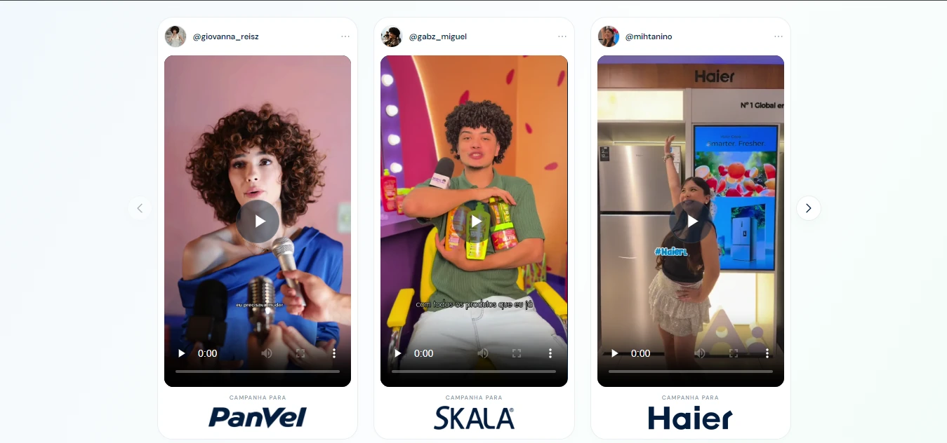 Mostruário das campanhas em vídeo de creators para marcas.