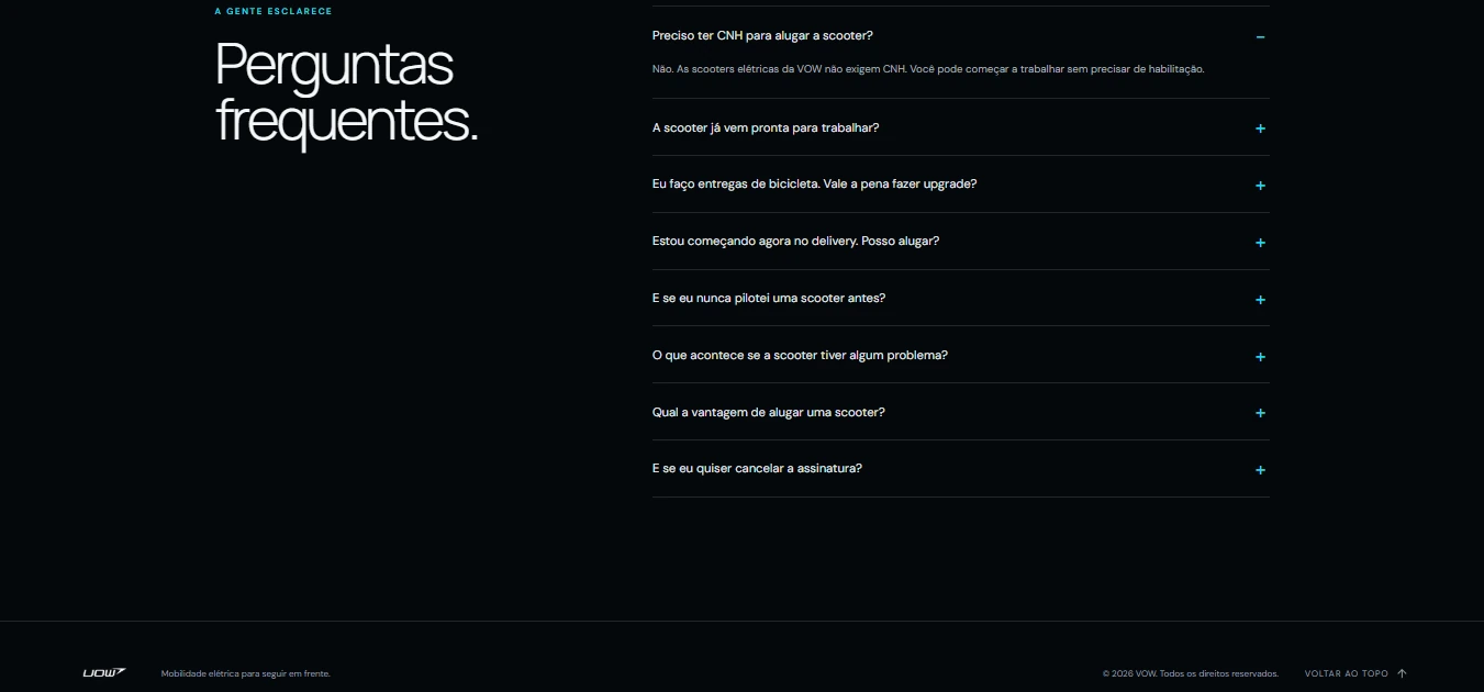 Perguntas frequentes e rodapé do site VOW.